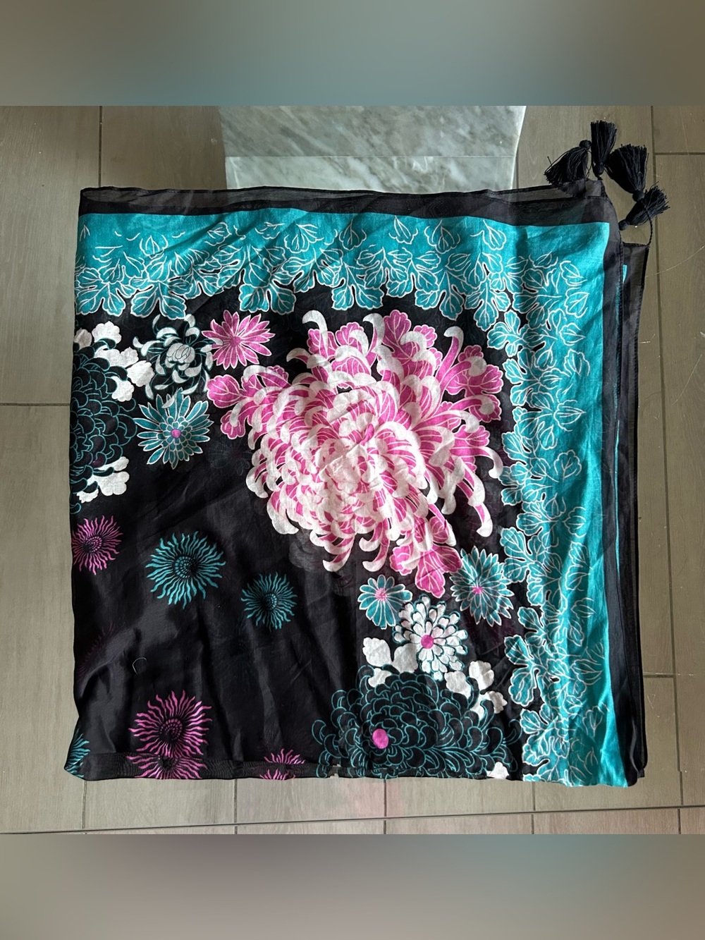 Women’s Black Floral Print Skarf with Teal & Pink Accents